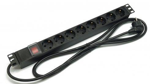 Блок  розеток 220В, 8 гн., 1U,  16A, встроенный кабель 3Х0.75мм  +выключатель